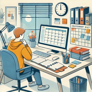5 Best Practices for Choosing a Lender 2 An illustration of a person sitting at their desk, surrounded by tools for planning such as notebooks, pens, and sticky notes. The desk has a modern calendar